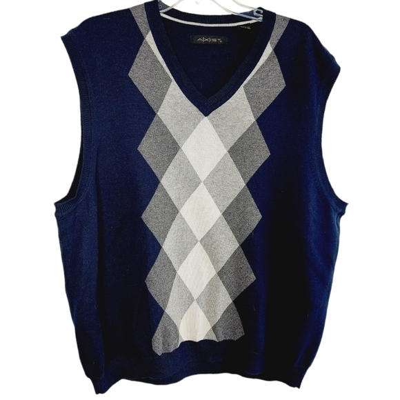 AXIST Sweater Vest Argyle XXL Navy Blue Gray 100% Cotton Classic Preppy EUC - Picture 1 of 10